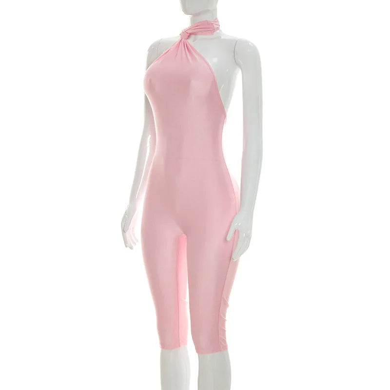 FAGADOER Sexy Halter Bandage Backless Jumpsuits Women Hip Ruched Skinny Rompers Overalls Party Slim Party Nightclub Playsuits