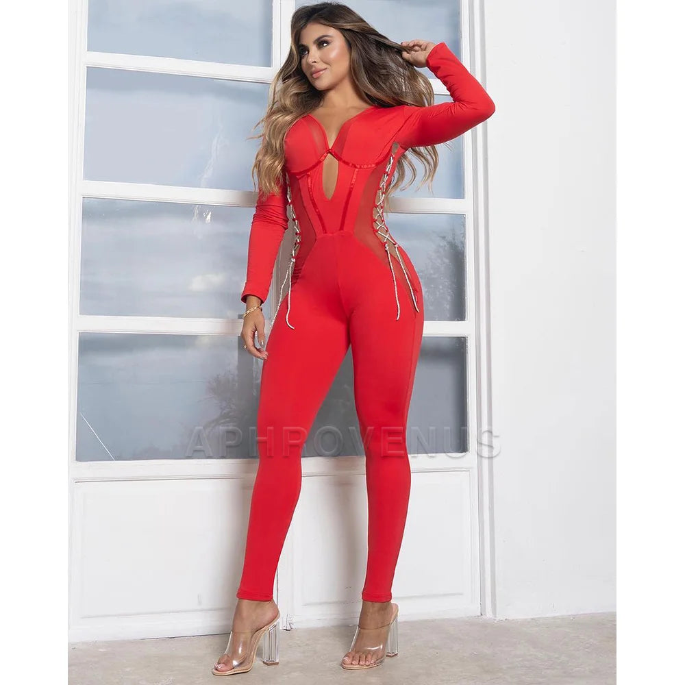 Sexy Streetwear Hollow Out Skinny Jumpsuit Long Sleeve One Piece Suit Rompers Casual Jumpsuits Women Club Party Clothes