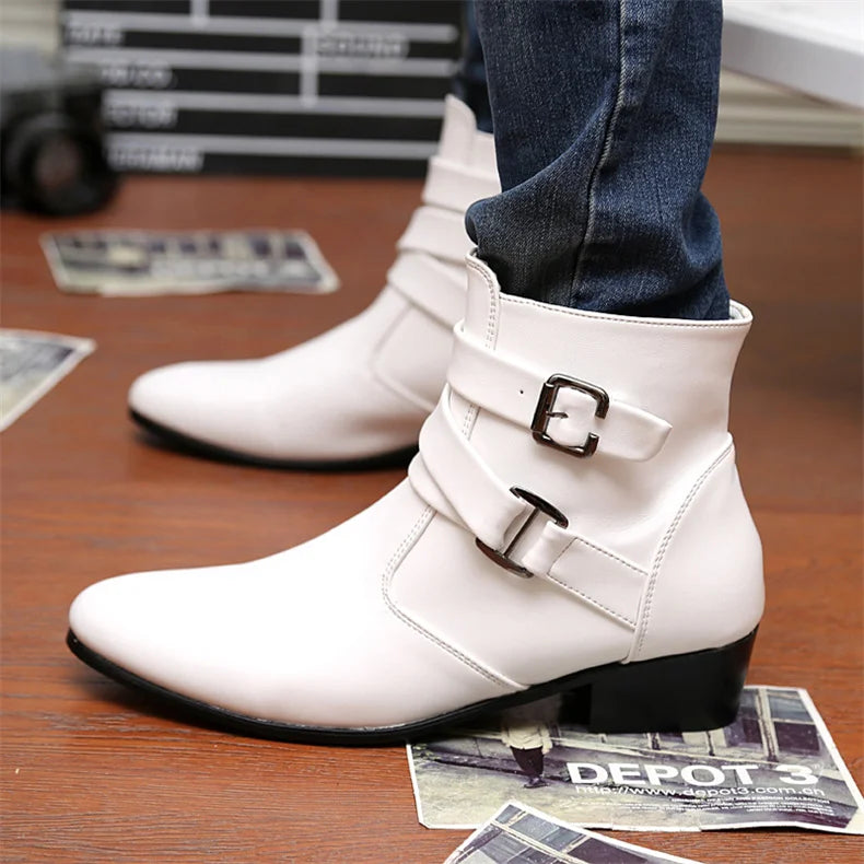 Leather Chelsea Boots Men Designer 2024 White Dress Boots Men Casual High top Buckle Strap Formal Shoes Men Motorcycle Boots