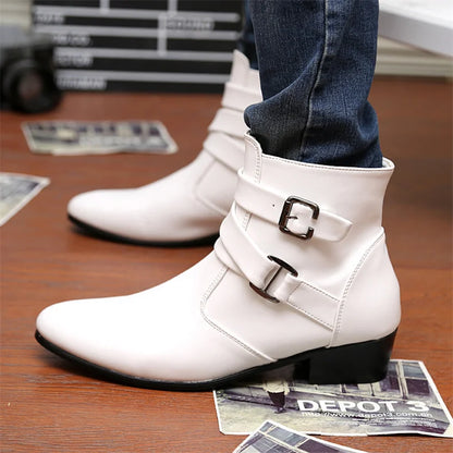 Leather Chelsea Boots Men Designer 2024 White Dress Boots Men Casual High top Buckle Strap Formal Shoes Men Motorcycle Boots