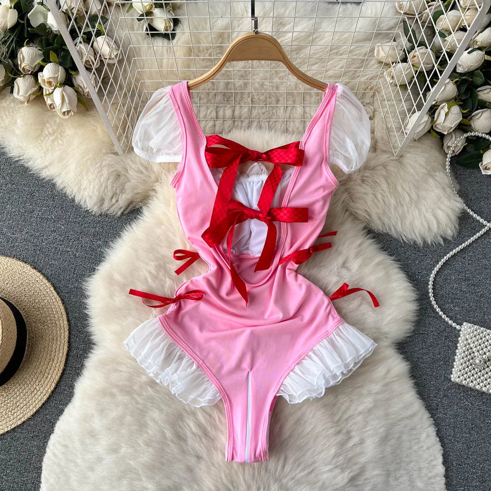Coquette Lace Lingerie Set Sexy Mesh Bodysuit Valentines Day Sleepwear Gothic Strappy Catsuit Intimate Nightwear Romper