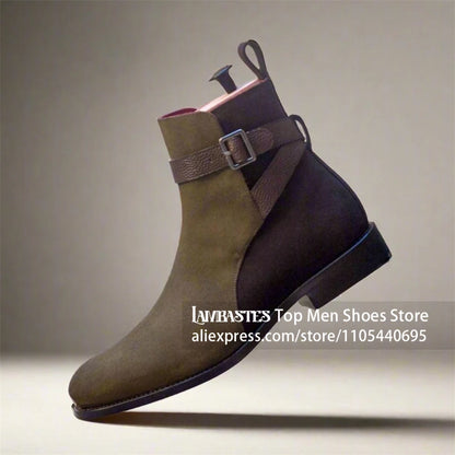 Suede Buckle Strap Ankle Boots Suede Leather Side Buckle Casual Dress Boots Vintage Suede Low Block Heel Pull On Boots for Men