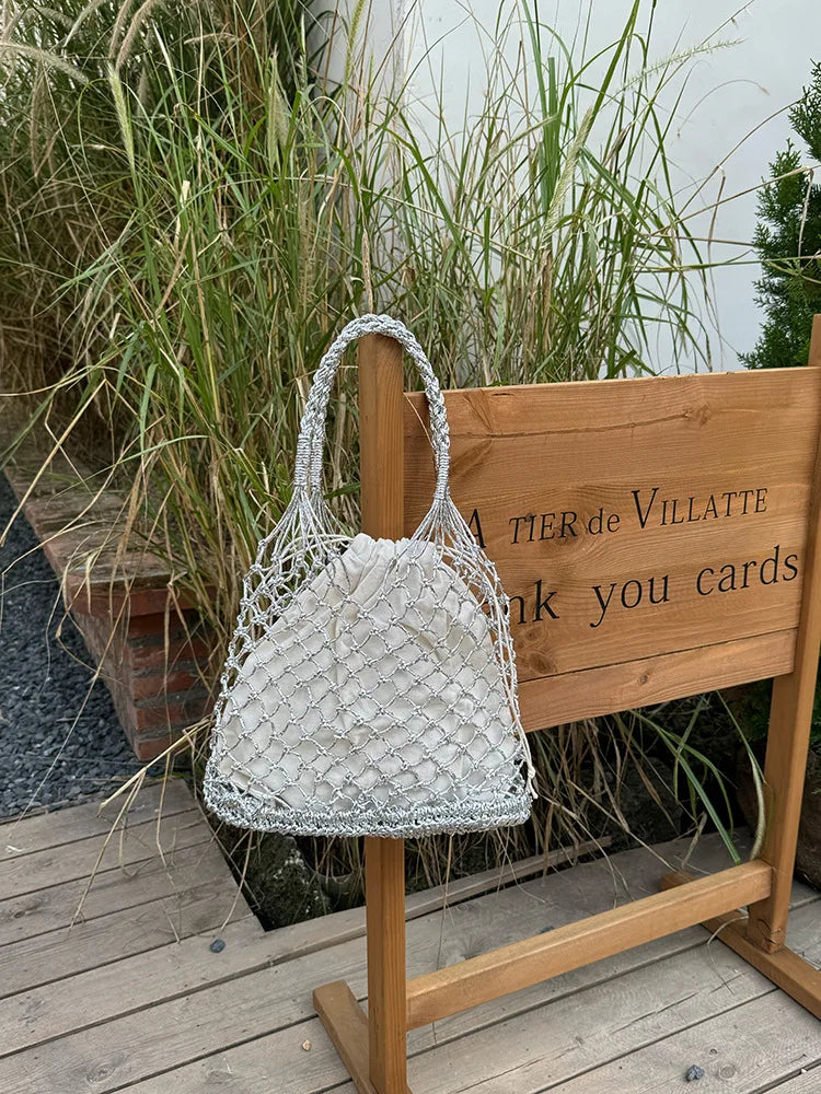 Hylhexyr Ins New Solid Color Gold and Silver Thread Handmade Weaving Bag Bucket Shaped Fashion Handbag Beach Bags