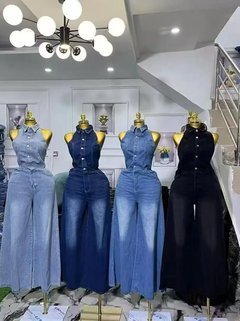 Jumpsuits Women Denim One Piece Sleeveless Overalls Wide Leg Long Pants High Waist Rompers Y2k Streetwear Jumpsuit Summer 2025