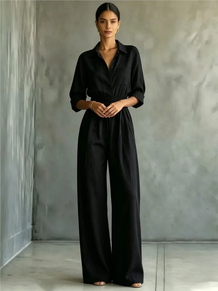 Women's Mid-sleeve Shirts Jumpsuits Spring Summer New 2026 New Fashion Elegant Waisted Lace-up Wide-leg Trousers Female Rompers