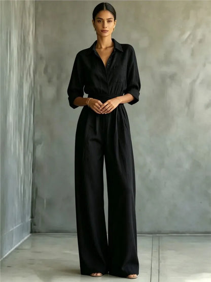 Women's Mid-sleeve Shirts Jumpsuits Spring Summer New 2026 New Fashion Elegant Waisted Lace-up Wide-leg Trousers Female Rompers