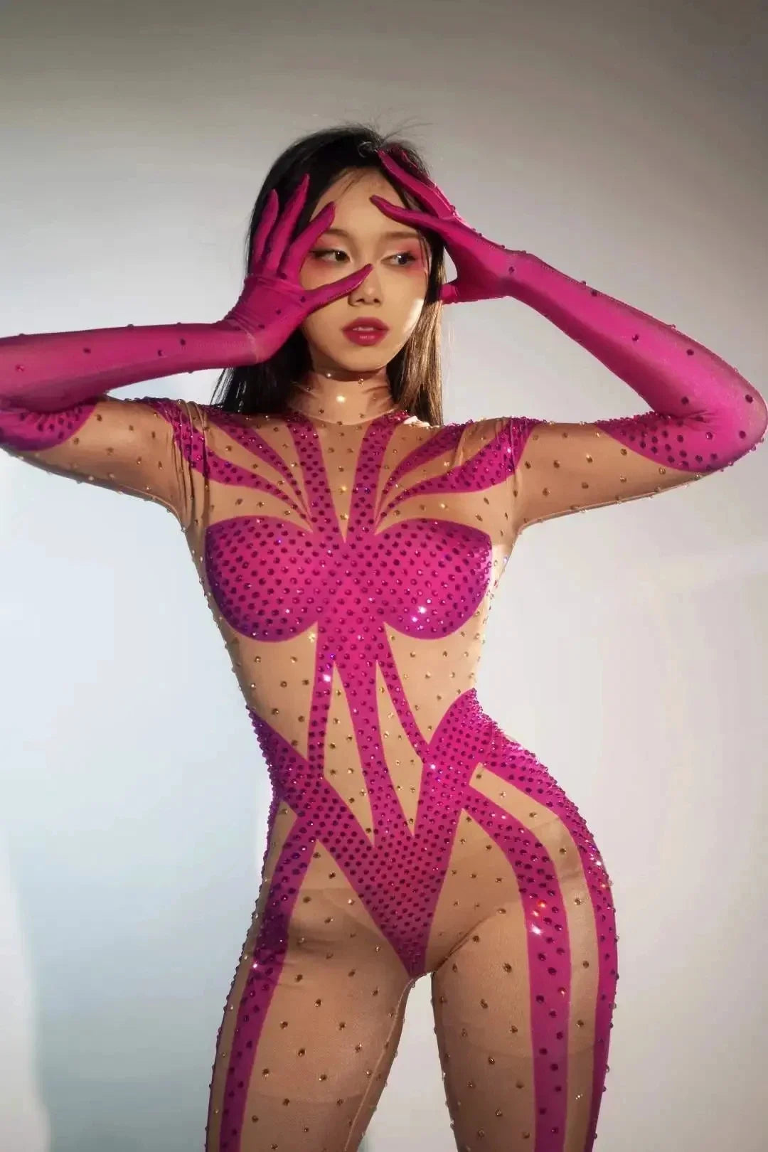 Sexy Full Diamond Long Sleeved Jumpsuit Ballroom Pole Dancer Performance Outfit Fashionable Club Suit Women's Photography