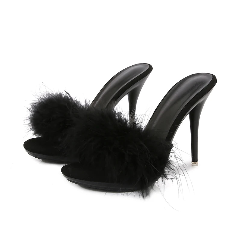 10CM Thin High Heel Summer Furry Slippers For Ladies Mules Fashion Fluffy Fur Slides Sandals 2025 New Brand Women's Party Shoes