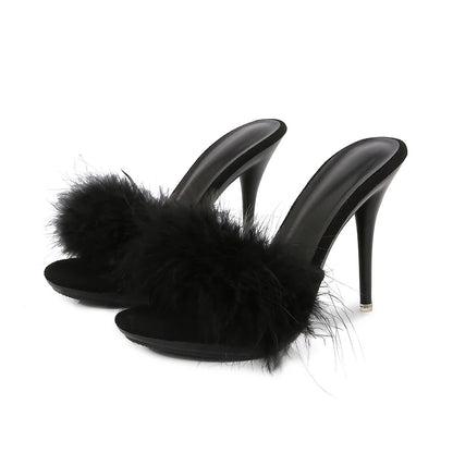 10CM Thin High Heel Summer Furry Slippers For Ladies Mules Fashion Fluffy Fur Slides Sandals 2025 New Brand Women's Party Shoes