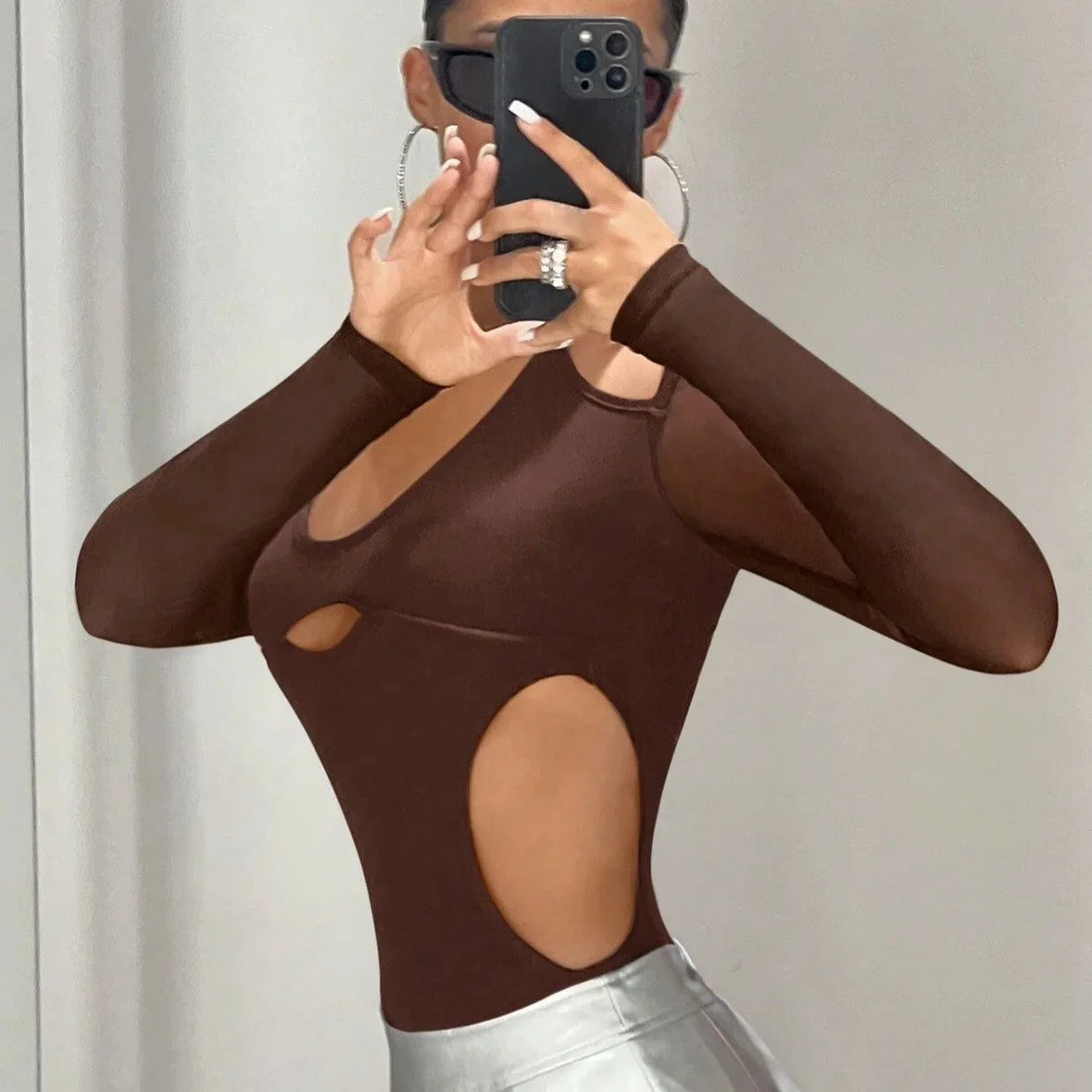 Sexy Spicy Hot Girl Women Brown Summer Design Sexy Hollow Out Long Sleeve Slimming Lace up Top Slim Fit Jumpsuit Fashion Summer