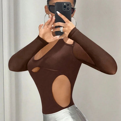 Sexy Spicy Hot Girl Women Brown Summer Design Sexy Hollow Out Long Sleeve Slimming Lace up Top Slim Fit Jumpsuit Fashion Summer