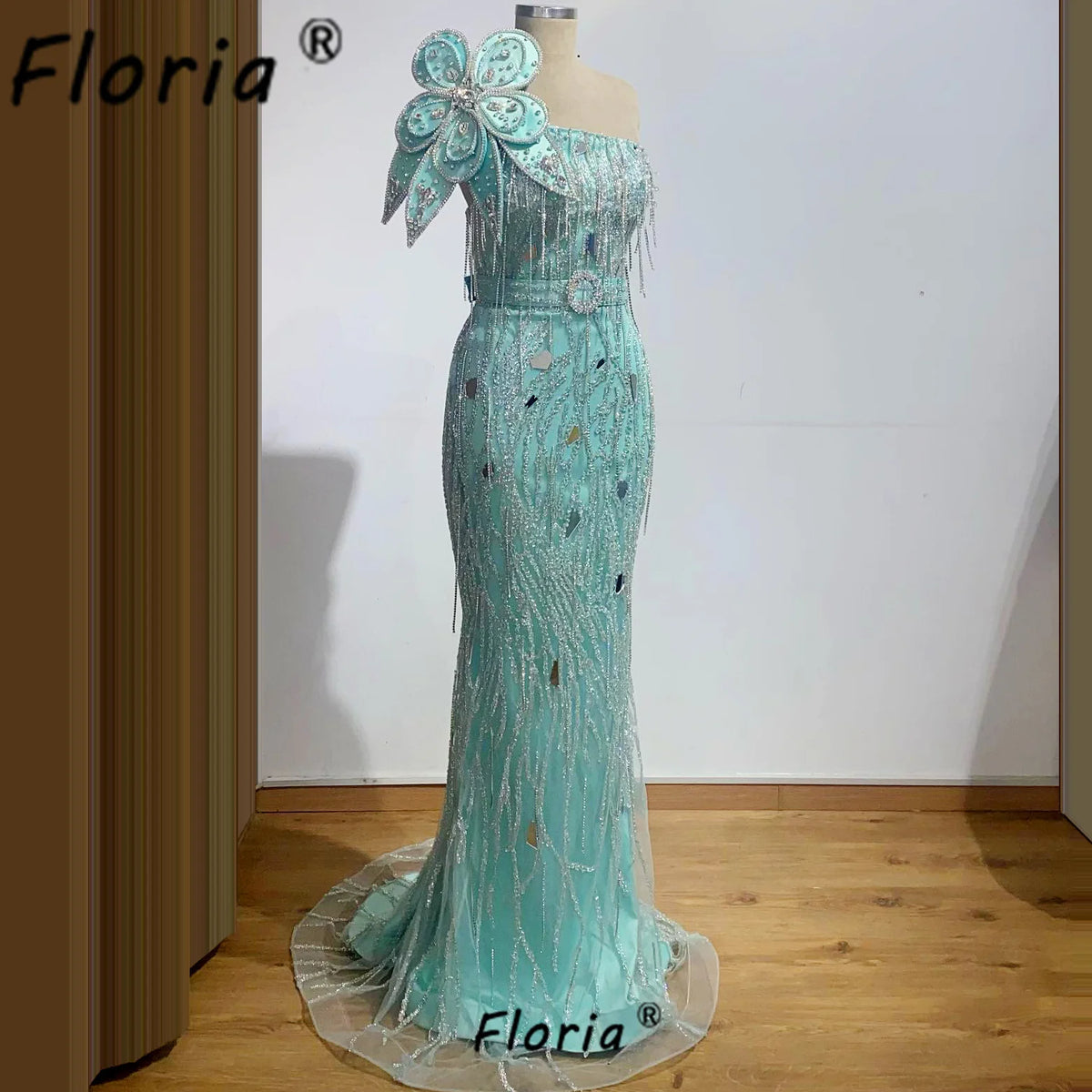 Floria Blue Mermaid Prom Dress Beaded Crystal Tassels Woman Formal Party Dresses One Shoulder Evening Dinner Party Customized