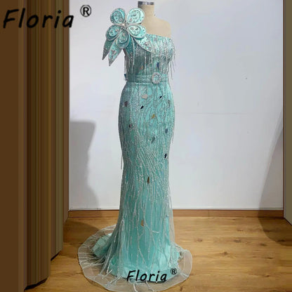 Floria Blue Mermaid Prom Dress Beaded Crystal Tassels Woman Formal Party Dresses One Shoulder Evening Dinner Party Customized