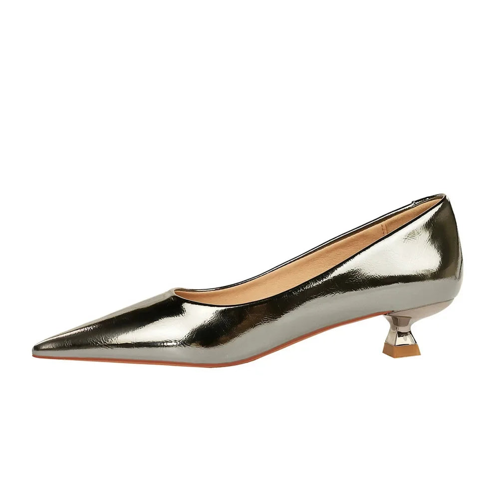 Women Comfortable 3.5cm High Heels Shallow Pointed Toe Work Pumps Lady Glossy Leather Low Heels 2024 Luxury Brand Designer Shoes