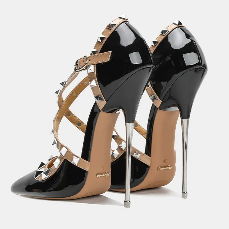 Women Rivet Cross Strap High Heel Sandals Sexy Pointed Toe Single Shoes for Nightclub Party Host Model Catwalk Cross Dressing