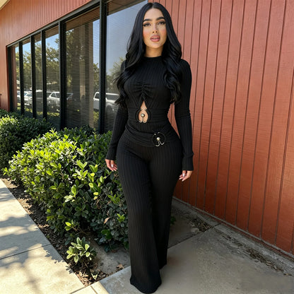 Solid Women Jumpsuits For Spring Autumn Long Sleeve O-Neck Loose Fashion Streetwear Hollowed Out Overalls Pants Trousers 2026