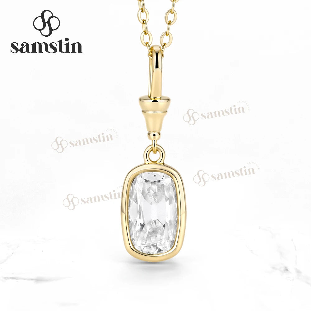Samstin 2CT OMC Cushion Moissanite Custom Necklace for Women Solid 14K 10K Yellow Gold Engagement Necklace for Christmas Gifts