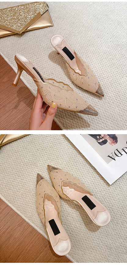 Luxury Rhinestones Mesh Lace Women Pumps Sandals Summer Elegant Pointed Toe 8cm Thin High Heels Mulse Sides  Fashion Party Shoes