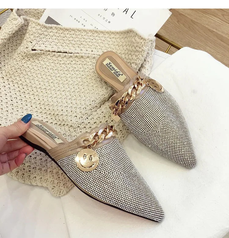 2025 New Summer Shoes for Women Luxury Slipper Girl Bling Crystal Chain Casual Flat Sandals Girl Pointed Toe Slides
