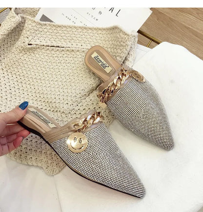 2025 New Summer Shoes for Women Luxury Slipper Girl Bling Crystal Chain Casual Flat Sandals Girl Pointed Toe Slides