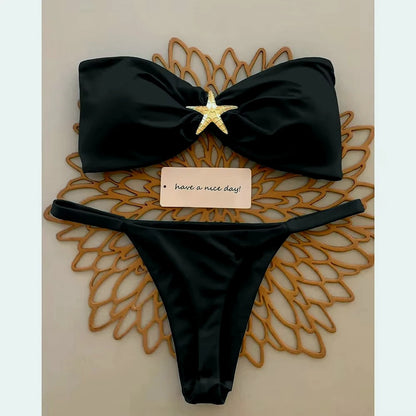 Sexy Bandeau Bikini Set 2026 Women Sky Blue Starfish Ornament Push Up Thong Swimsuit Brazilian Beach Bathing Suit Micro Swimwear