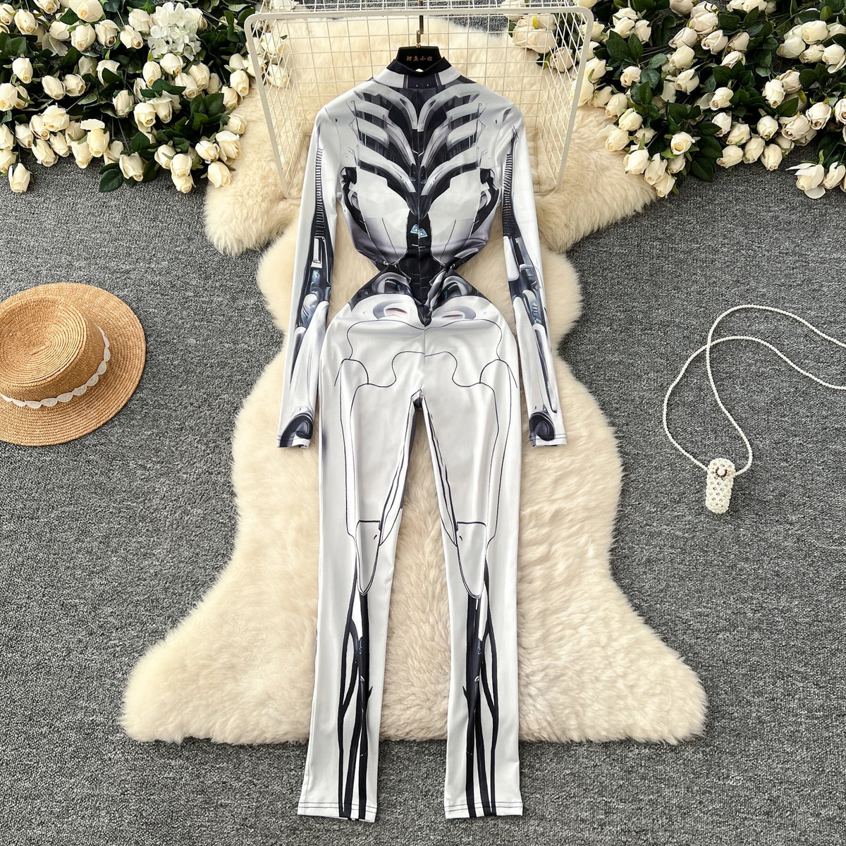 Fashion Mechanical Style Print Jumpsuits For Women One-Piece Semi-High Neckline With Long Sleeves Jumpsuit Women Y2k Jumpsuit