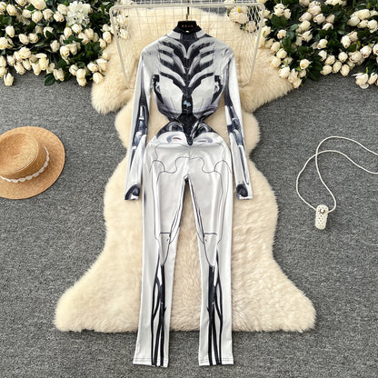 Fashion Mechanical Style Print Jumpsuits For Women One-Piece Semi-High Neckline With Long Sleeves Jumpsuit Women Y2k Jumpsuit