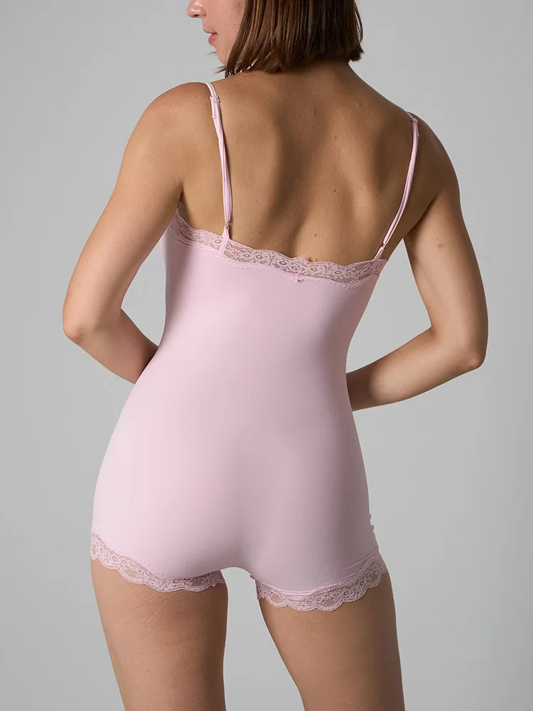 Hot Women Sexy Lace Patchwork Bodysuit Sports FitnessSkinny Shaperwear Camisole Square Neck Spaghetti Strap Slimming Bodycon