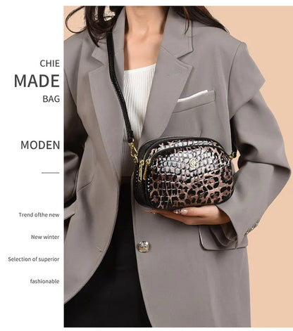 New 2025 Womens Small Messenger Bag PU Leather Shiny Shoulder Bag Fashion Saddle Bags Leopard Print Phone Purse Lipstick Storage
