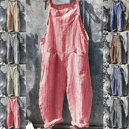 Casual Jumpsuit Women Striped Cotton Overalls Loose Fit Long Pants Romper Adjustable Straps Front Patch Pockets Jumpsuits
