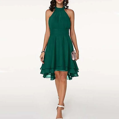 Women Elegant Dress Summer Solid High Waist Halter Sleeveless Midi Dresses Ladies Cropped Layered Chiffon Party Slim Dresses