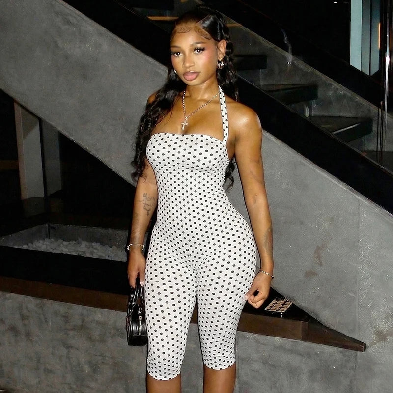 Fashionable polka dot sleeveless hanging neck slim fit jumpsuit, seven part jumpsuit