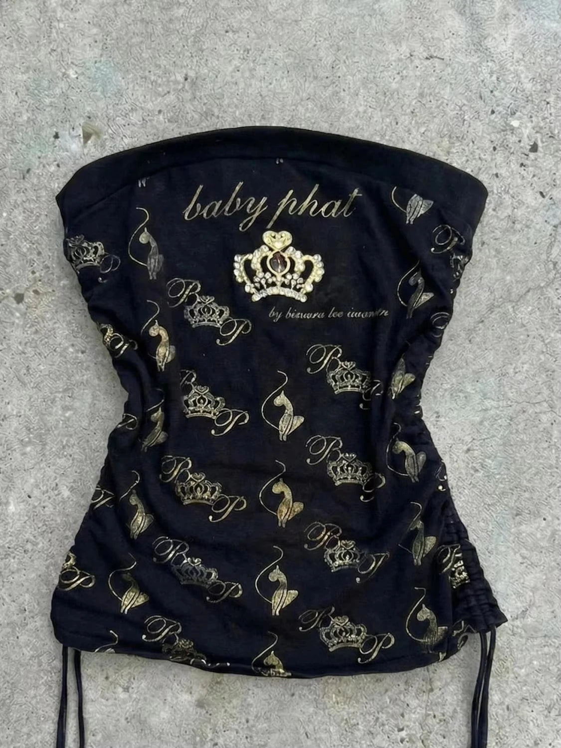 Crown Print Drawstring Waist Cinching Women's Tank Top American Y2K Millennium Hot Girl Style Black Bottom Gilded Strapless Vest