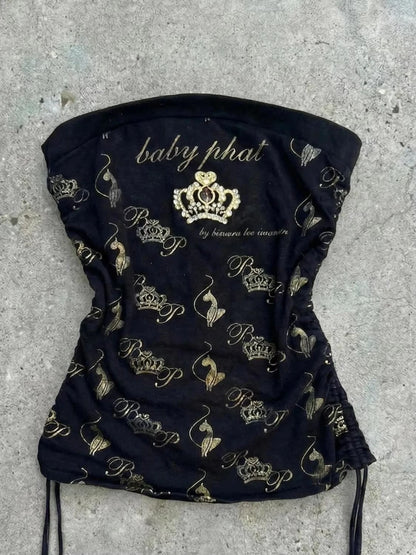 Crown Print Drawstring Waist Cinching Women's Tank Top American Y2K Millennium Hot Girl Style Black Bottom Gilded Strapless Vest