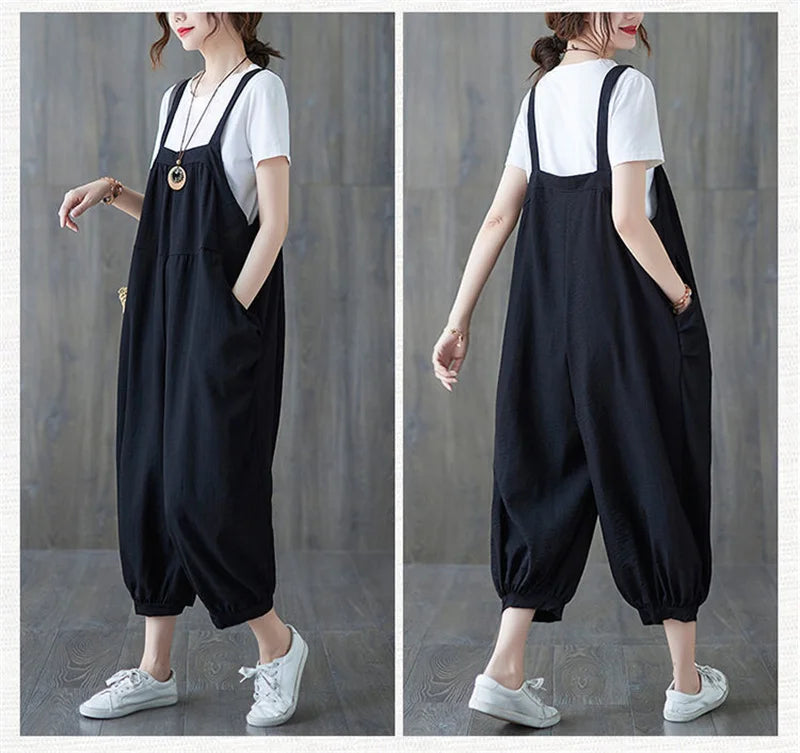 Casual Rompers For Women 2026 New Summer Large Size Korean Loose Harlan Jumpsuit Pants Solid Ladies Suspender Overalls L-5XL