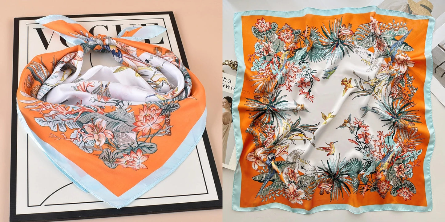 Luxury Floral Print Silk Square Scarf Women Soft Satin Kerchief Hairband Neckerchief Head Hijab Lady Headband Foulard Bag Ribbon