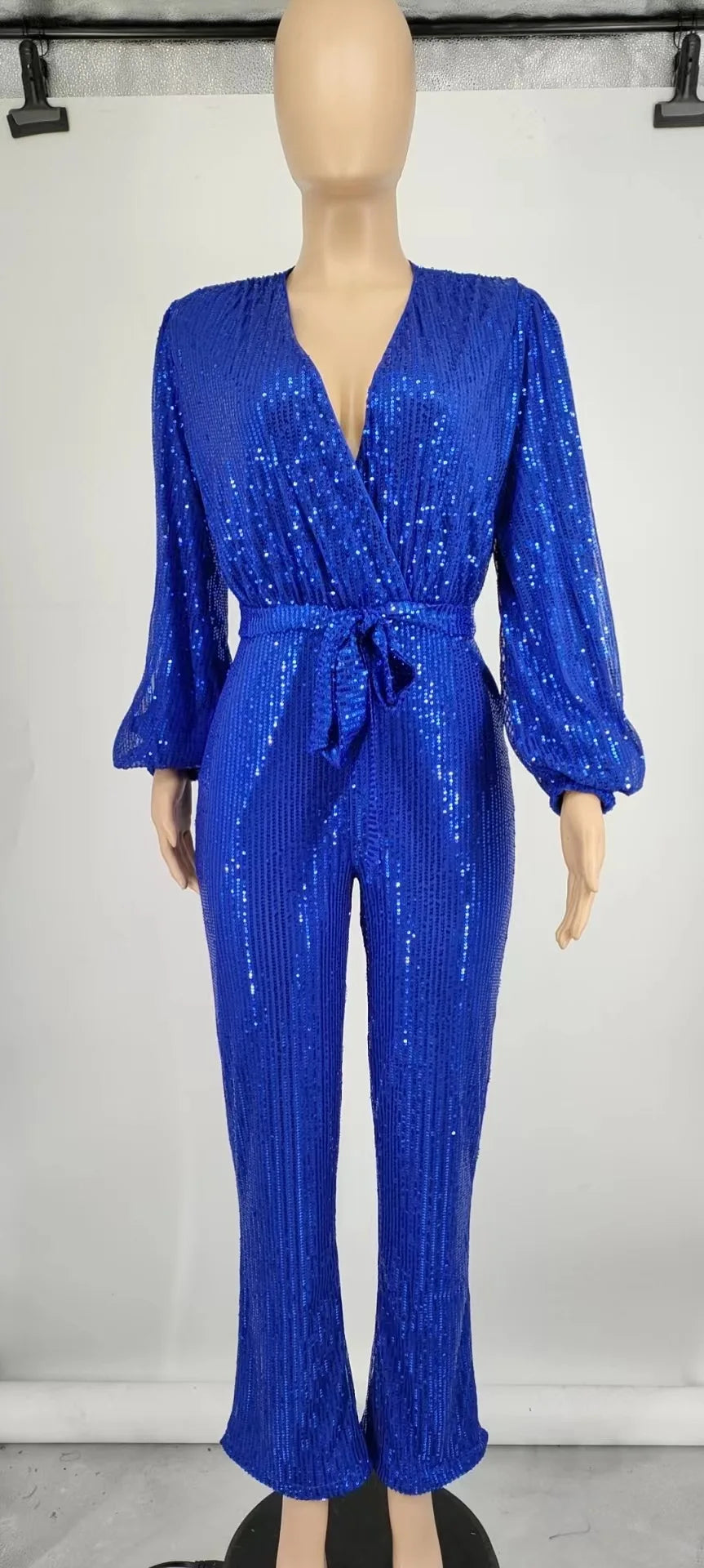 2026 Women's Elegant Sequined Jumpsuit Spring Summer Ladies Bling Bling V-neck High Waist Rompers Overalls with Lantern Sleeve