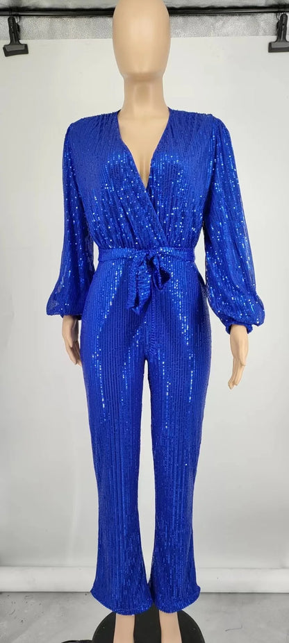 2026 Women's Elegant Sequined Jumpsuit Spring Summer Ladies Bling Bling V-neck High Waist Rompers Overalls with Lantern Sleeve
