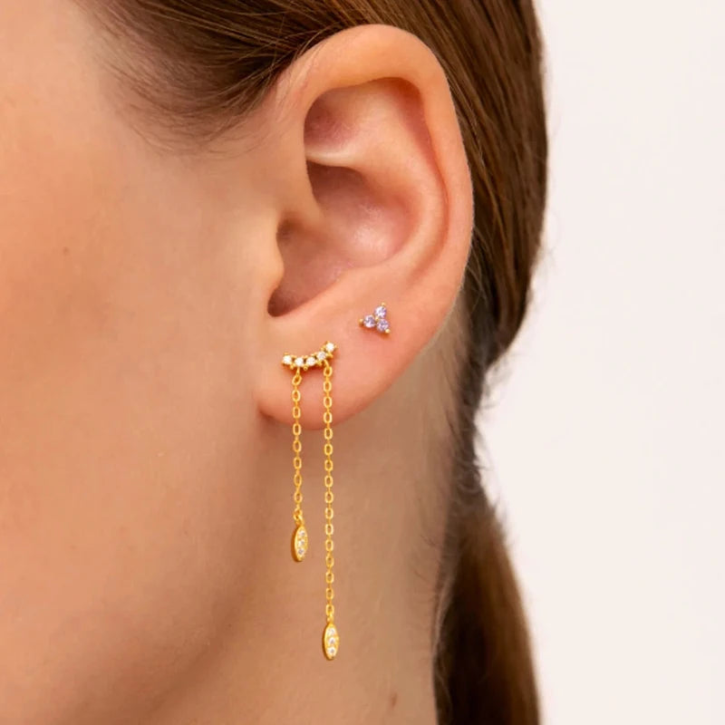 925 Sterling Silver Needle Long Chain Stud Earrings For Women Exquisite Zircon Geometric Tassel Pendant Earrings Luxury Jewelry