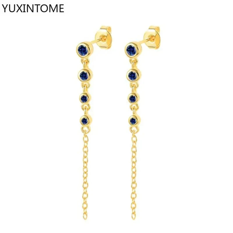 925 Sterling Silver Needle Long Chain Stud Earrings For Women Exquisite Zircon Geometric Tassel Pendant Earrings Luxury Jewelry