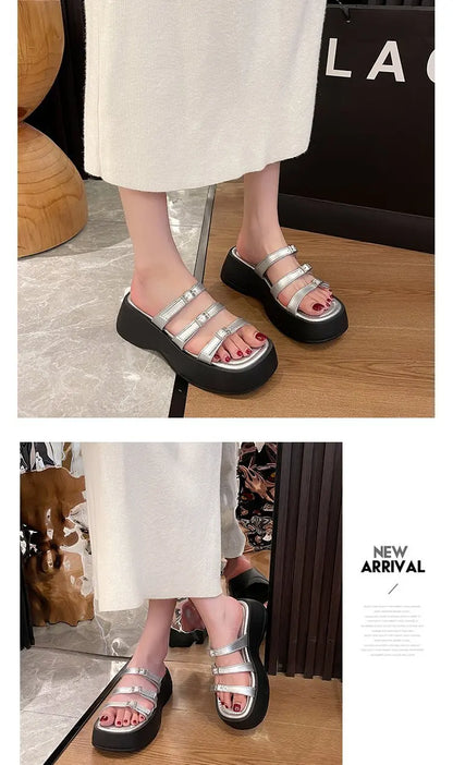Women Thicken Soled Buckle Strap Sandals Platform High Heel Shoes Ladies Cut-Out Slippers Open Toe Flipflops Silver Beach Slides