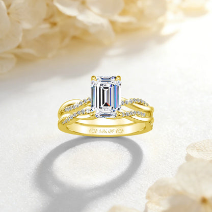 14K Gold Filled Emerald Cut 3ct Moissanite Ring Set Twisted Double Band Engagement Wedding Ring for Bride Luxury Bridal Jewelry