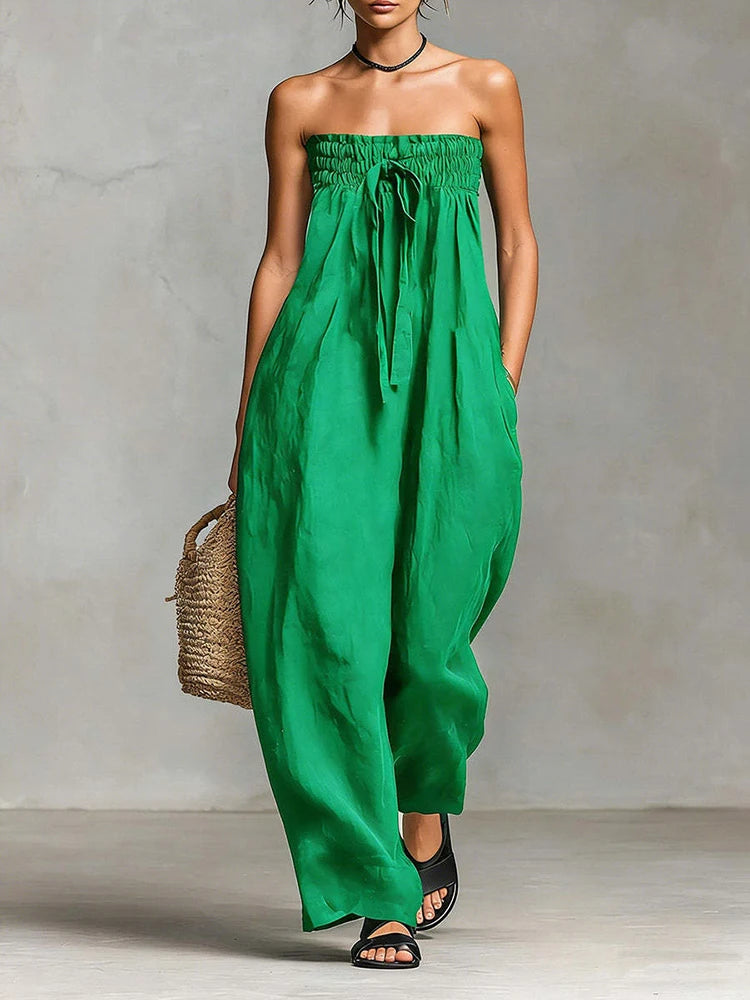 Women Strapless Wide Leg Jumpsuit Casual Cotton Linen Tube Top Romper Summer Beach Long Pants with Pockets Vacation Overalls