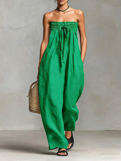 Women Strapless Wide Leg Jumpsuit Casual Cotton Linen Tube Top Romper Summer Beach Long Pants with Pockets Vacation Overalls