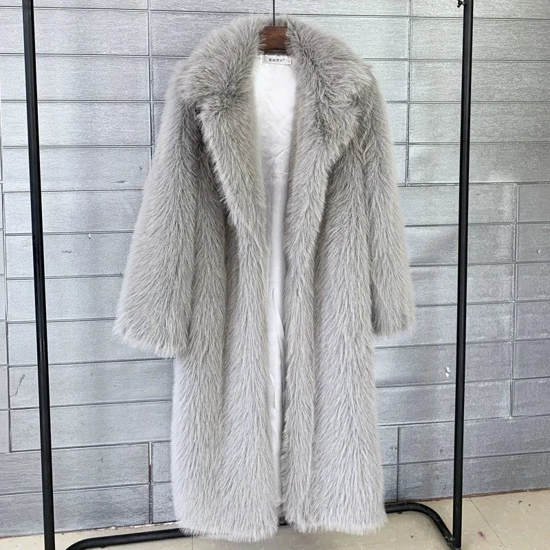 Women's Autumn Winter Long Maxi Faux Fur Coat Notched Lapel Collar Oversized Long Sleeve Pockets Thick Lady Warm Winter Overcoat
