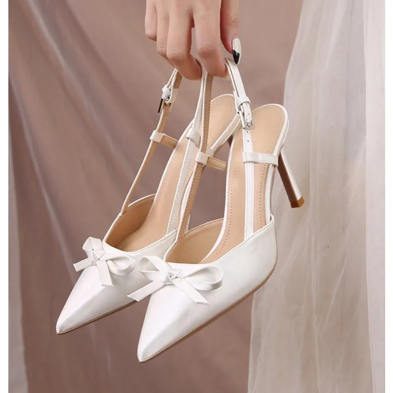 Women Pumps White Wedding Shoes Bride Luxury Satin Butterfly-knot Pointed Toe Adjustable Slingback Heels Elegant Women Heels