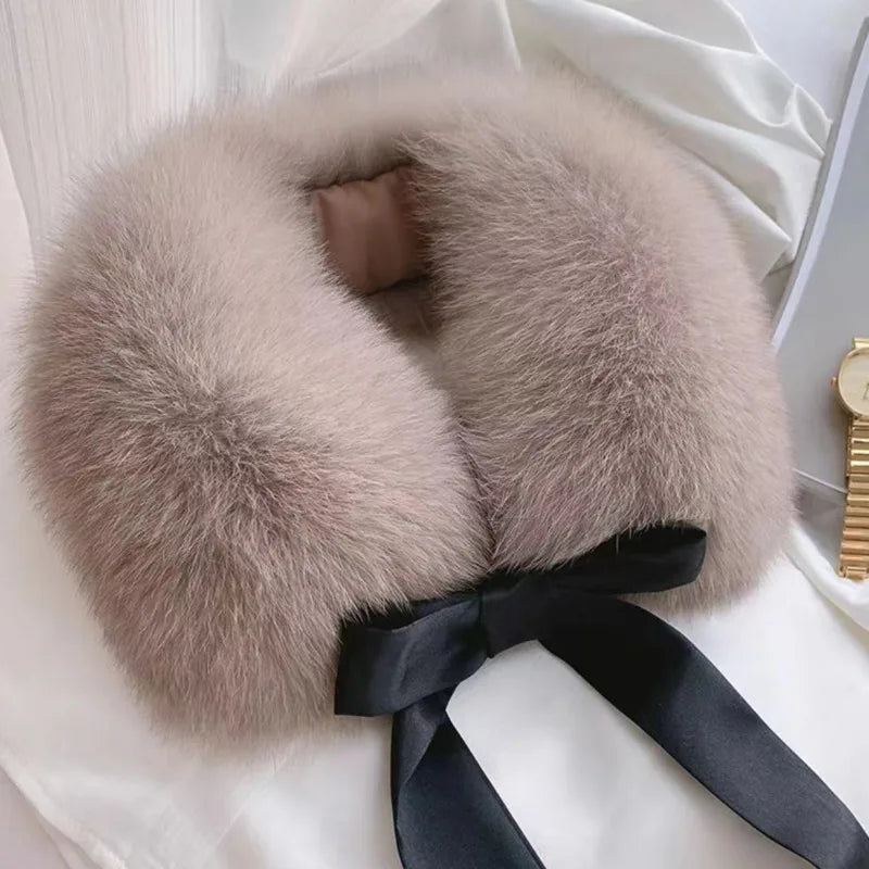 Winter Warm Fox Fur Collar Female Real Fur Collar Fashion Fluffy Clothing Accessories Collar Women Luxury Fur Scarf With Ribbons
