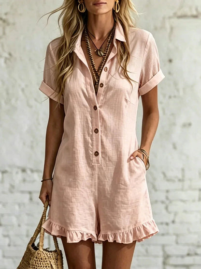 2026 New Women Lapel Short Sleeve Solid One-Piece Romper Fashion Ruffles Patchwork Loose Casual Button Pockets Shorts Jumpsuit