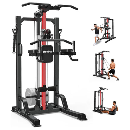 Pooboo Pull Up Bar Power Tower Dip Station with Cable Machine, 450LB Home Gym | Pull Up Bar, Dip Station and 16-Position Cable System for Pull Ups, Dips, Lat Pulldowns, Rows and Full-Body Training
