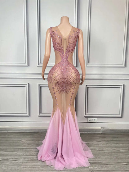 Luxury Dinners Shine Rhinestone Pink Ball Dress for Women Elegant Cloak Dress Birthday Celebrate Prom Queen Fishtail Gown Chanyi